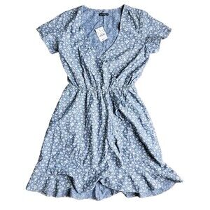 NWT J Crew Mercantile Womens Blue Floral Chambray Ruffle Faux Wrap Dress SZ XXS